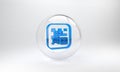 Blue QR code sample for smartphone scanning icon isolated on grey background. Glass circle button. 3D render Royalty Free Stock Photo