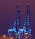 Blue quay cranes at night