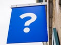 Blue question mark sign, tourist information center, Montreal, Quebec, Canada