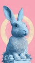 blue rabbit illustration with pink background and yellow circle, evoking serene mood Royalty Free Stock Photo