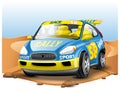 Blue Race Car on Desert background. In Cartoon Style. Royalty Free Stock Photo