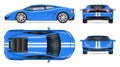 Blue race car vector mockup. Isolated vehicle template side, front, back, top view