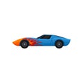 Blue racing car with red-orange flame decal. Cool sports automobile with tinted windows. Extreme auto sport. Flat vector