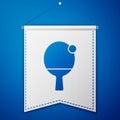 Blue Racket for playing table tennis icon isolated on blue background. White pennant template. Vector Royalty Free Stock Photo