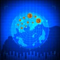 Blue radar, bitcoin digital currency, futuristic digital money concept