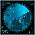 Blue radar screen with planes and world map