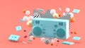 Blue radio amidst colorful balls on a pink background. Royalty Free Stock Photo