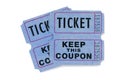 Blue raffle tickets with coupon attached, white background Royalty Free Stock Photo