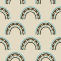 Blue rainbow groovy 1970 good vibes seamless vector pattern background. Warm retro abstract wallpaper, cute 70s texture