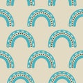 Blue rainbow groovy 1970 good vibes seamless vector pattern background. Warm retro abstract wallpaper, cute 70s texture