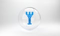 Blue Rake toy icon isolated on grey background. Children toy for beach games. Glass circle button. 3D render