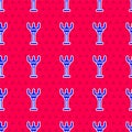 Blue Rake toy icon isolated seamless pattern on red background. Children toy for beach games. Vector