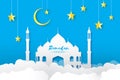 Blue Ramadan Kareem Greeting card.. Arabic window Mosque, clouds, gold stars. Paper cut style. Arabesque pattern Royalty Free Stock Photo
