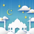 Blue Ramadan Kareem Greeting card.. Arabic window Mosque, clouds, gold stars. Paper cut style. Arabesque pattern Royalty Free Stock Photo