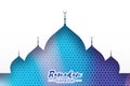 Blue Ramadan Kareem Greeting card.. Arabic window Mosque. Paper cut style. Arabesque pattern. Vector