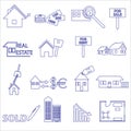 Blue real estate outline icons and symbols set