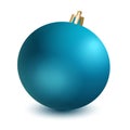 Blue realistic Christmas ball lies on white background. Vector illustration. Christmas tree decoration