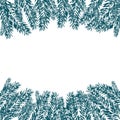 Blue, realistic fir branches in the snow in cold weather. Fir branches with the top and bottom of the picture.