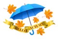 Blue realistic umbrella, falling orange maple leaves Royalty Free Stock Photo