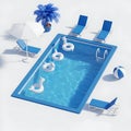 Blue rectangular swimming pool with inflatable unicorn floaties and lounge chairs Royalty Free Stock Photo