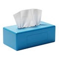 A blue rectangular tissue box with soft white tissues emerging from the opening isolated on white background Royalty Free Stock Photo