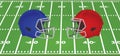 Blue and red american football helmet in front of field Royalty Free Stock Photo