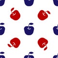 Blue and red Apple icon isolated seamless pattern on white background. Fruit with leaf symbol. Vector Royalty Free Stock Photo