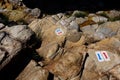 Blue and red arrows, on stones in the national park in the Brasil, shows the direction of forward and backward movement Royalty Free Stock Photo