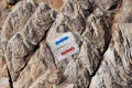 Blue and red arrows, on stones in the national park in the Brasil, shows the direction of forward and backward movement Royalty Free Stock Photo