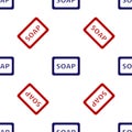 Blue and red Bar of soap with foam icon isolated seamless pattern on white background. Soap bar with bubbles. Vector Royalty Free Stock Photo