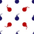 Blue and red Bomb ready to explode icon isolated seamless pattern on white background. Vector