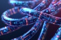 Blue and red braided digital data cables intertwined illustrating high speed data transfer and secure networking systems in adv