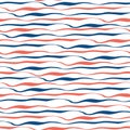 Blue and red brushstroke style wavy lines in horizontal design. Seamless geometric vector pattern on white background Royalty Free Stock Photo