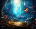 blue and red butterfly in a dream forest.