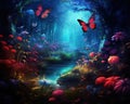 blue and red butterfly in a dream forest.