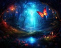 blue and red butterfly in a dream forest.