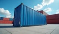 Blue and red cargo containers stacked at a shipping yard under a clear blue sky with fluffy white clouds. Rows of intermodal Royalty Free Stock Photo
