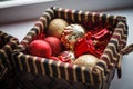 Blue and red christmas balls and toys in the box. New Year decor Royalty Free Stock Photo