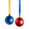 Blue and red Christmas balls with yellow and blue ribbon on white background with clipping path Royalty Free Stock Photo