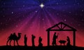 Blue and red Christmas greeting card banner background with Nativity Scene in the desert Royalty Free Stock Photo