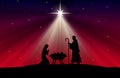 Blue-red Christmas greeting card banner background with Nativity Scene in the desert. Royalty Free Stock Photo