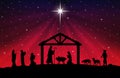 Blue-red Christmas greeting card banner background with Nativity Scene in the desert. Royalty Free Stock Photo