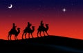 Blue-red Christmas greeting card banner background with Three Wise Men in the desert. Royalty Free Stock Photo