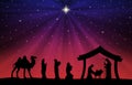 Blue-red Christmas Nativity scene. Greeting card background. Royalty Free Stock Photo