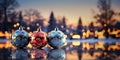 Blue and red Christmas tree balls with glitter ornaments against a blurred bokeh background Royalty Free Stock Photo
