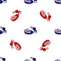 Blue and red Churros and chocolate icon isolated seamless pattern on white background. Traditional national Spain