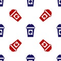 Blue and red Coffee cup to go icon isolated seamless pattern on white background. Take away print. Vector Royalty Free Stock Photo
