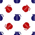 Blue and red Coffee pot icon isolated seamless pattern on white background. Vector Royalty Free Stock Photo