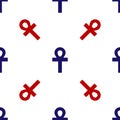 Blue and red Cross ankh icon isolated seamless pattern on white background. Vector Illustration