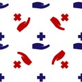 Blue and red Cross hospital medical icon isolated seamless pattern on white background. First aid. Diagnostics symbol